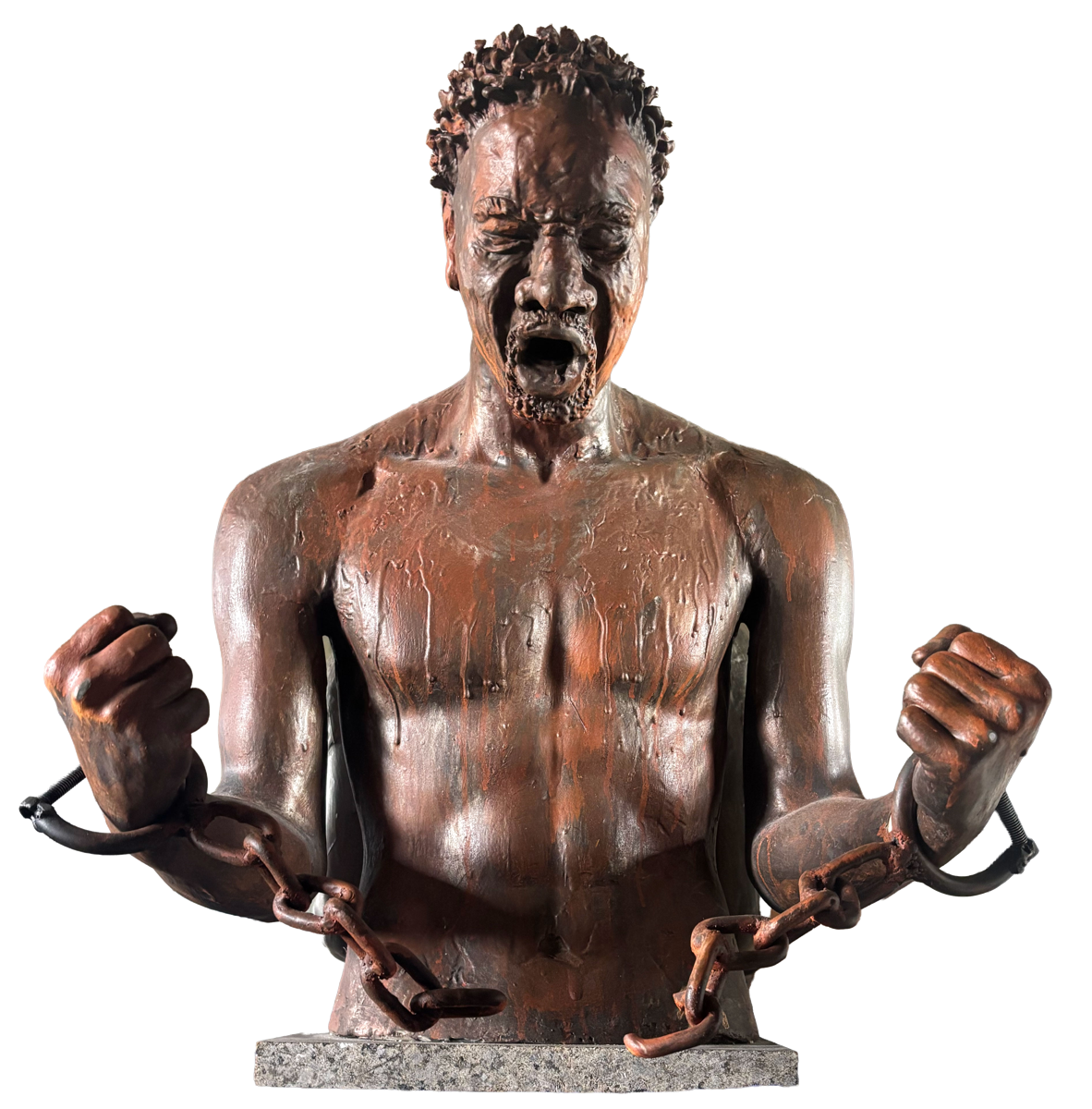 Bronze sculpture bust of a man breaking free from shackles, fists raised, symbolizing liberation and resilience.